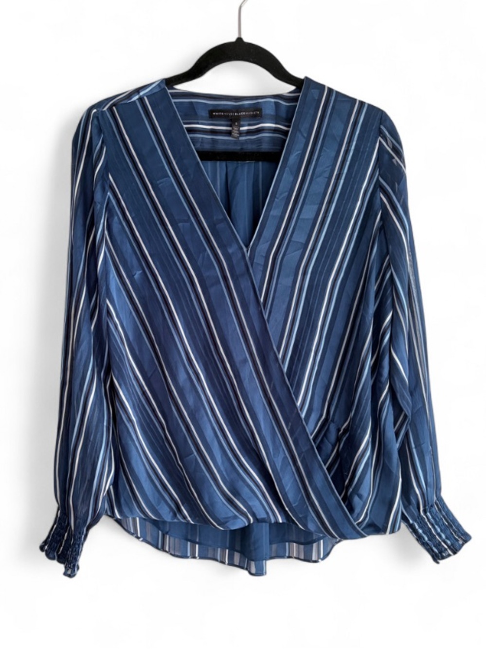 White House Black Market Blue Striped Wrap Blouse Size S